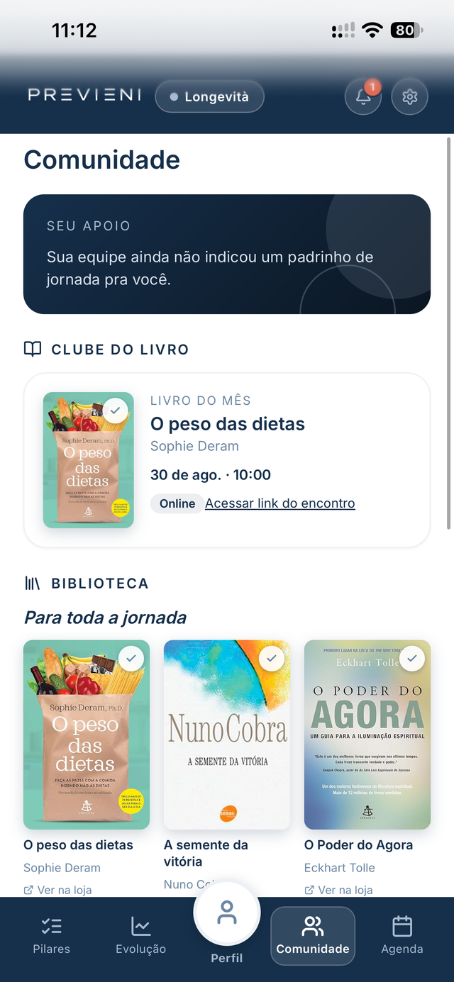 Tela Comunidade do app Previeni, com conteúdos e trilha de fundamentos