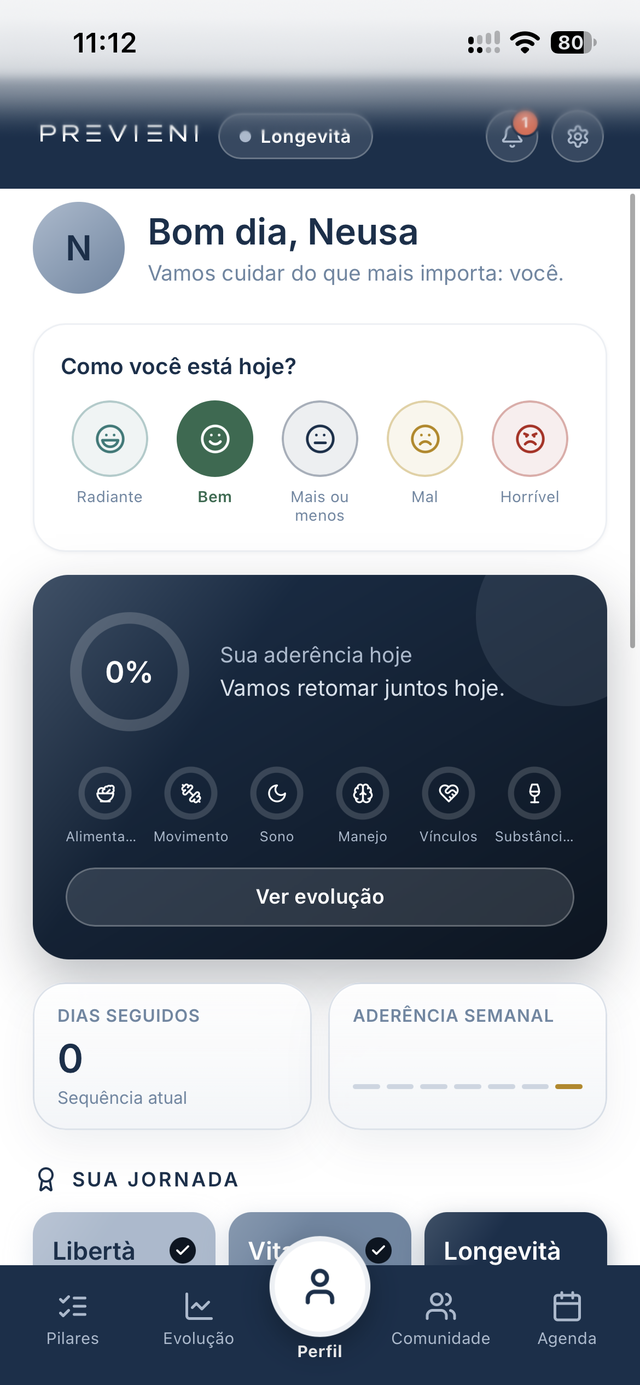 Tela Perfil do app Previeni, com o anel de aderência do dia e os 6 pilares