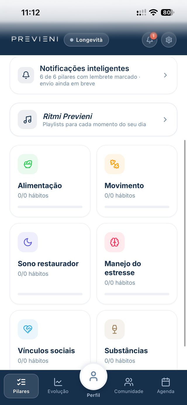 Tela Pilares do app Previeni, com hábitos prescritos e pessoais por pilar